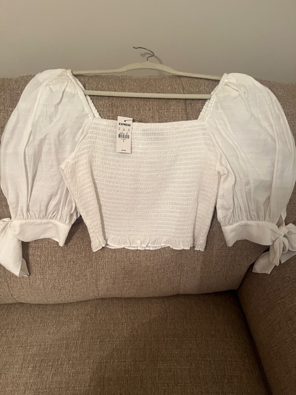Express White Smocked Square-Neck Puff Sleeve Crop Top